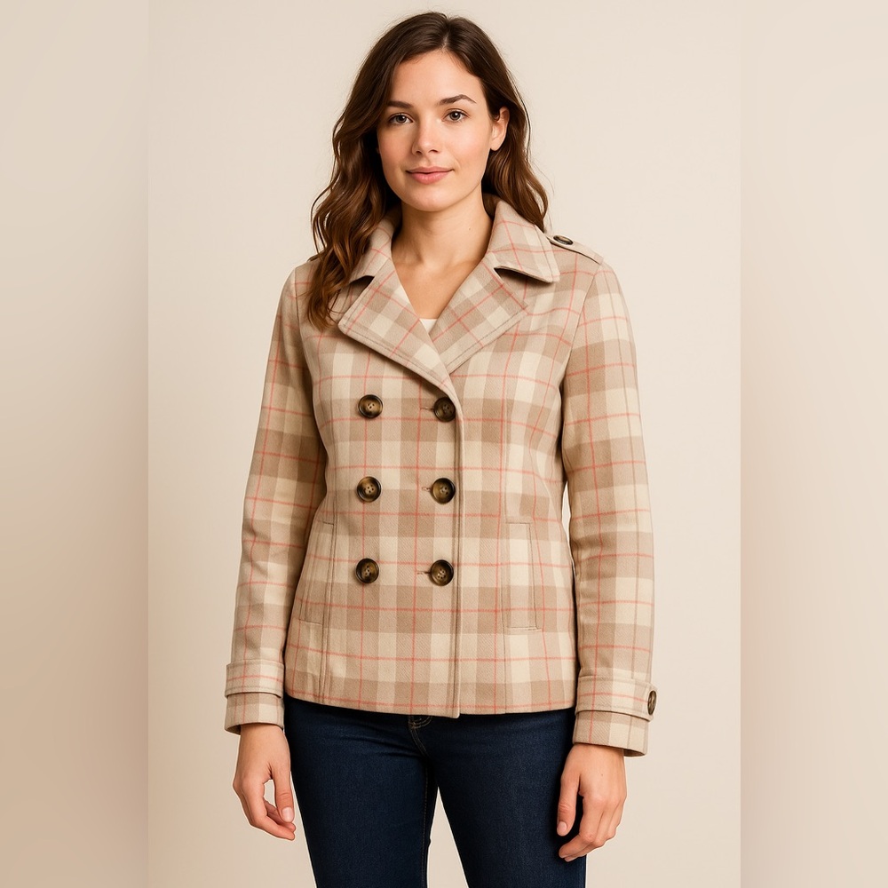 Old Navy Plaid Double Breasted Peacoat Jacket Beige Red Check Women’s‎ XL